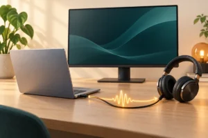 이어폰과 PC의 오디오 출력 연결을 표현한 AI 일러스트