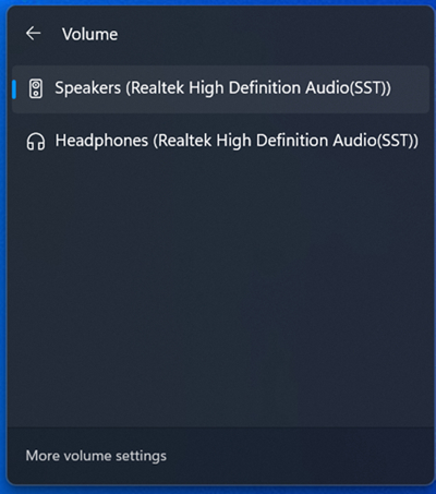 스피커와 헤드폰을 선택할 수 있는 Windows 11 오디오 출력 목록