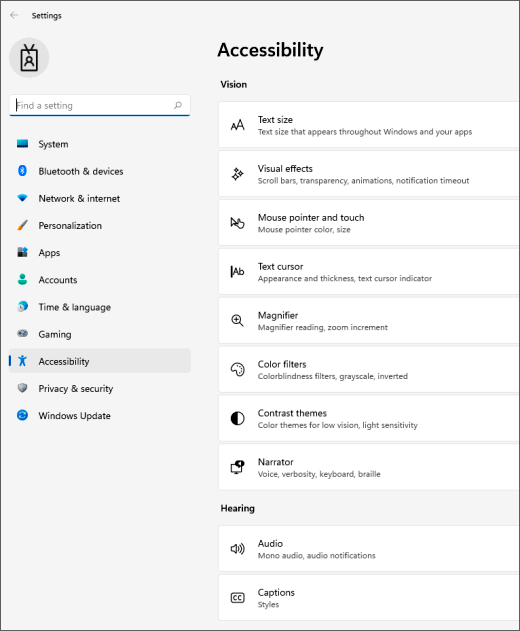 Microsoft Windows 11 접근성 설정의 공식 예시